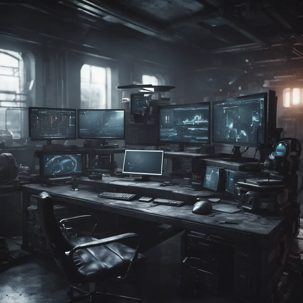 A dark industrial desk from the future with many monitors, Photo Realistic, Volumetric light effect, Octane Render, Unreal Engine, Ambient Occlusion, Maximalism, Industrial by Greg Rutkowski