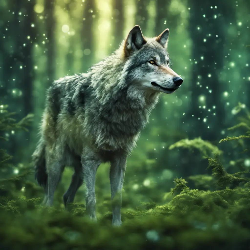 Wolf in a green magical forest, Highly Detailed, Bokeh effect, Sharp Focus, Volumetric Lighting, Fantasy by Stefan Kostic