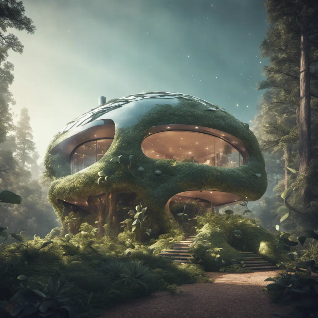 Beautiful futuristic organic house made from imaginary plants in a forest, 8k, Award-Winning, Highly Detailed, Beautiful, Epic, Octane Render, Unreal Engine, Radiant, Volumetric Lighting by Stefan Kostic