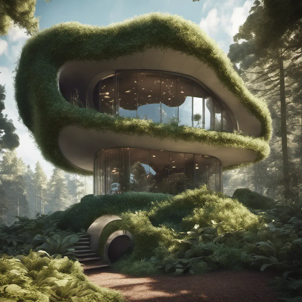 Beautiful futuristic organic house made from imaginary plants in a forest, 8k, Award-Winning, Highly Detailed, Beautiful, Epic, Octane Render, Unreal Engine, Radiant, Volumetric Lighting by Greg Rutkowski