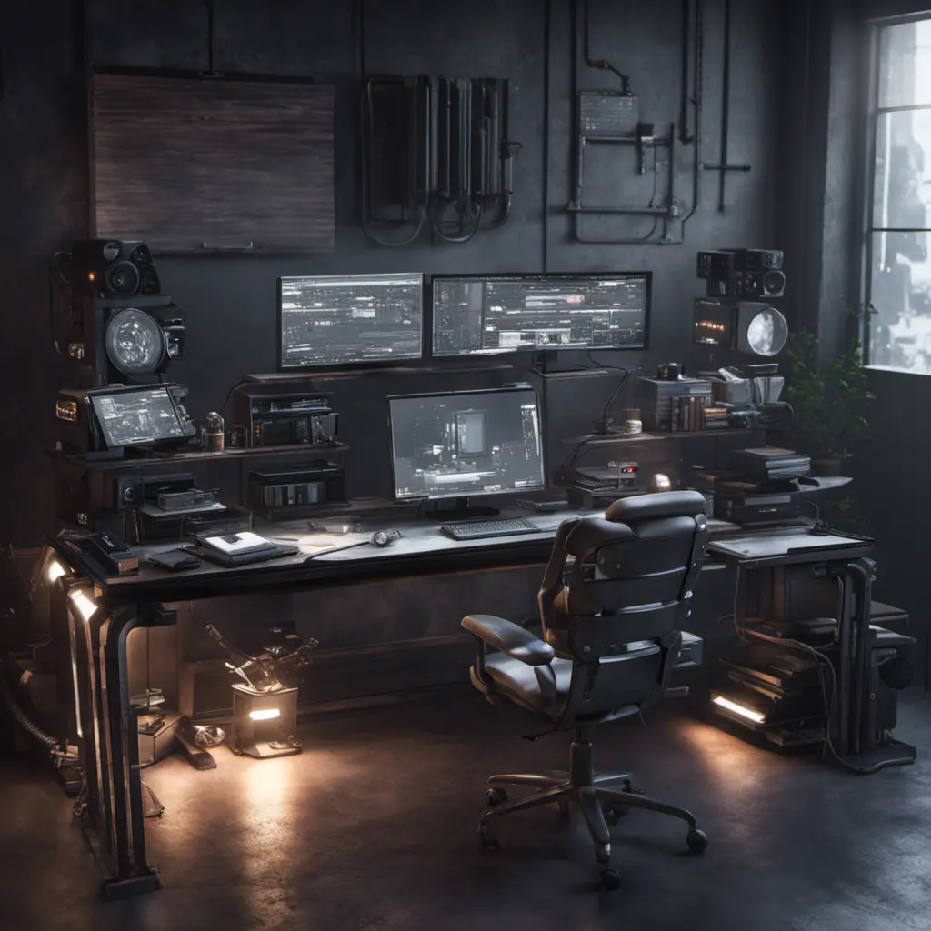 A dark industrial desk from the future with many monitors, Photo Realistic, Volumetric light effect, Octane Render, Unreal Engine, Ambient Occlusion, Maximalism, Industrial by WLOP