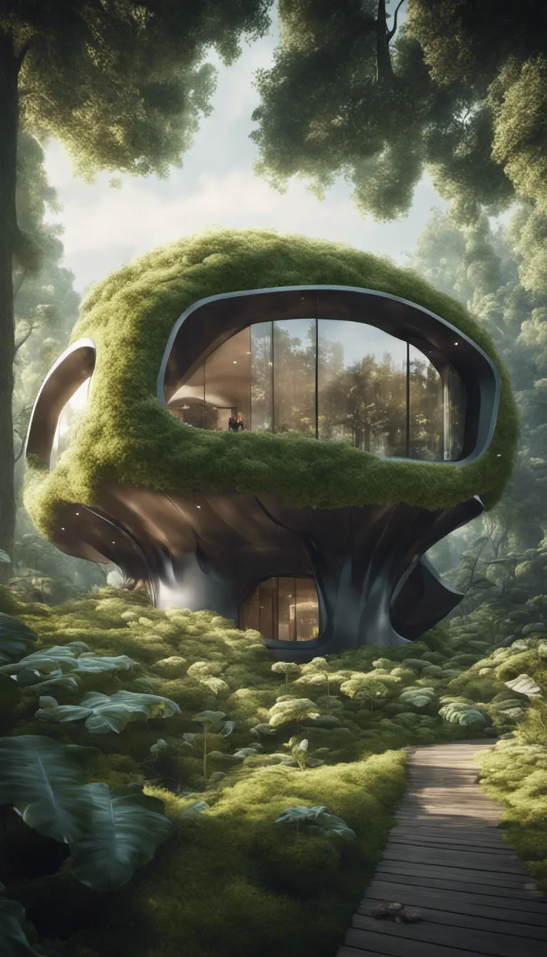 Beautiful futuristic organic house made from imaginary plants in a forest, 8k, Award-Winning, Highly Detailed, Beautiful, Epic, Octane Render, Unreal Engine, Radiant, Volumetric Lighting by Stanley Artgerm Lau