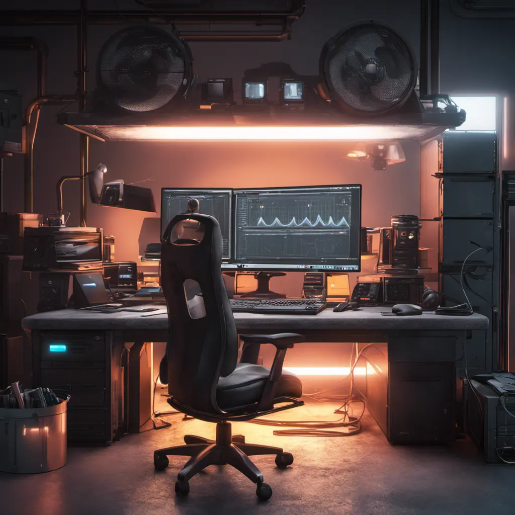 A dark industrial desk from the future with many monitors, Photo Realistic, Volumetric light effect, Octane Render, Unreal Engine, Ambient Occlusion, Maximalism, Industrial by Stanley Artgerm Lau