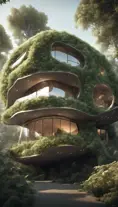 Beautiful futuristic organic house made from imaginary plants in a forest, 8k, Award-Winning, Highly Detailed, Beautiful, Epic, Octane Render, Unreal Engine, Radiant, Volumetric Lighting by WLOP