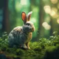 Rabbit in a green magical forest, Highly Detailed, Bokeh effect, Sharp Focus, Volumetric Lighting, Fantasy by Stefan Kostic