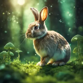 Rabbit in a green magical forest, Highly Detailed, Bokeh effect, Sharp Focus, Volumetric Lighting, Fantasy by Stefan Kostic