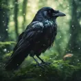 Raven in a green magical forest, Highly Detailed, Bokeh effect, Sharp Focus, Volumetric Lighting, Fantasy by Stefan Kostic