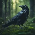 Raven in a green magical forest, Highly Detailed, Bokeh effect, Sharp Focus, Volumetric Lighting, Fantasy by Stefan Kostic