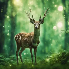 Deer in a green magical forest, Highly Detailed, Bokeh effect, Sharp Focus, Volumetric Lighting, Fantasy by Stefan Kostic