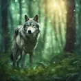 Wolf in a green magical forest, Highly Detailed, Bokeh effect, Sharp Focus, Volumetric Lighting, Fantasy by Stefan Kostic