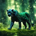 Panther in a green magical forest, Highly Detailed, Bokeh effect, Sharp Focus, Volumetric Lighting, Fantasy by Stefan Kostic