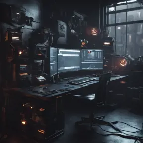 A dark industrial desk from the future with many monitors, Photo Realistic, Volumetric light effect, Octane Render, Unreal Engine, Ambient Occlusion, Maximalism, Industrial by Stanley Artgerm Lau