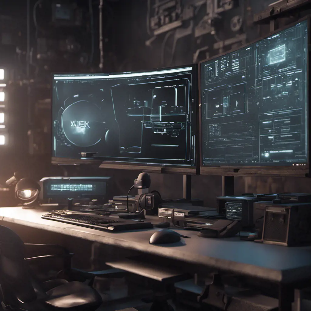 A dark industrial desk from the future with many monitors, Photo Realistic, Volumetric light effect, Octane Render, Unreal Engine, Ambient Occlusion, Maximalism, Industrial by Stanley Artgerm Lau