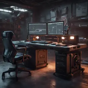 A dark industrial desk from the future with many monitors, Photo Realistic, Volumetric light effect, Octane Render, Unreal Engine, Ambient Occlusion, Maximalism, Industrial by Greg Rutkowski