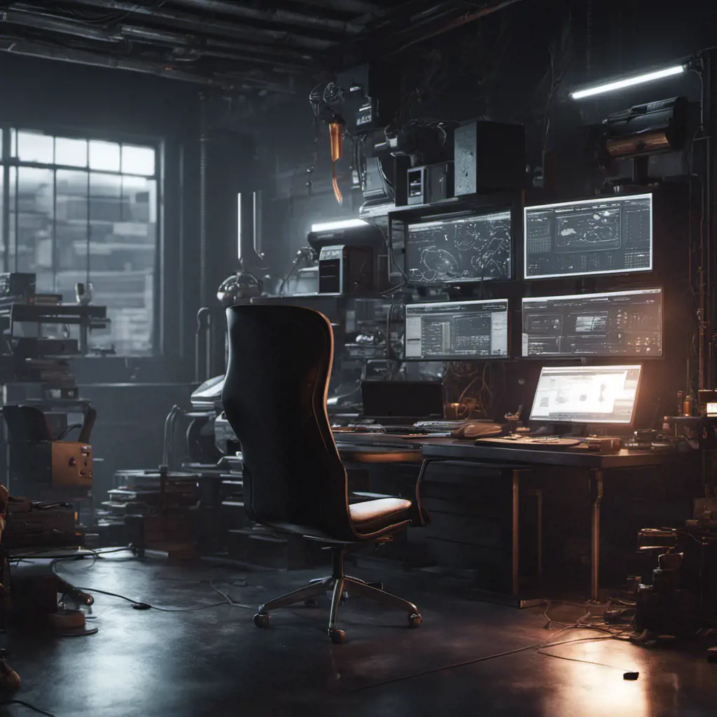 A dark industrial desk from the future with many monitors, Photo Realistic, Volumetric light effect, Octane Render, Unreal Engine, Ambient Occlusion, Maximalism, Industrial by Greg Rutkowski