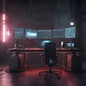 A dark industrial desk from the future with many monitors, Photo Realistic, Volumetric light effect, Octane Render, Unreal Engine, Ambient Occlusion, Maximalism, Industrial by Beeple