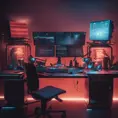 A dark industrial desk from the future with many monitors, Photo Realistic, Volumetric light effect, Octane Render, Unreal Engine, Ambient Occlusion, Maximalism, Industrial by Beeple