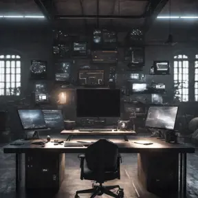 A dark industrial desk from the future with many monitors, Photo Realistic, Volumetric light effect, Octane Render, Unreal Engine, Ambient Occlusion, Maximalism, Industrial by WLOP