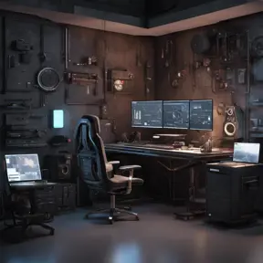A dark industrial desk from the future with many monitors, Photo Realistic, Volumetric light effect, Octane Render, Unreal Engine, Ambient Occlusion, Maximalism, Industrial by WLOP