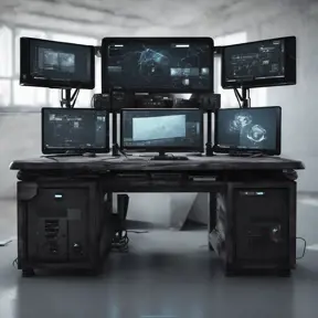 A dark industrial desk from the future with many monitors, Photo Realistic, Volumetric light effect, Octane Render, Unreal Engine, Ambient Occlusion, Maximalism, Industrial by Stefan Kostic