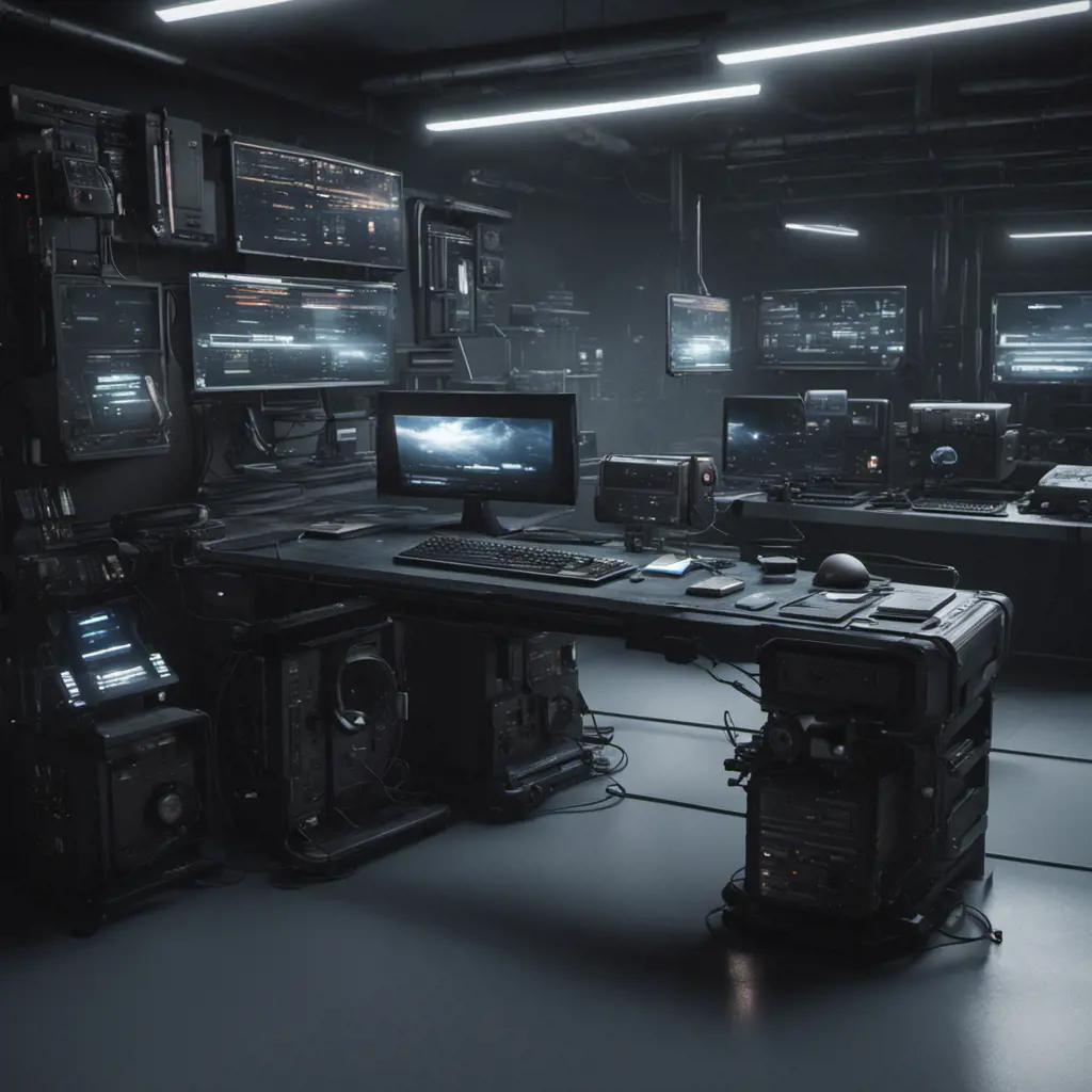 A dark industrial desk from the future with many monitors, Photo Realistic, Volumetric light effect, Octane Render, Unreal Engine, Ambient Occlusion, Maximalism, Industrial by Stefan Kostic