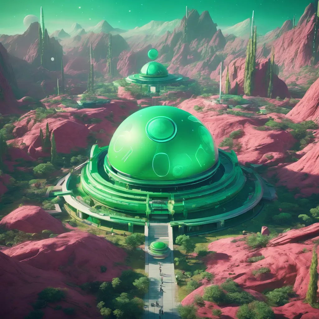 Cosmic round beautiful green temple in the center of a futuristic community. Extraterrestrial landscape. Planet sirius. The moon and stars can be seen in the sky even during the day., Sci-Fi, Volumetric Lighting, Vibrant Colors by Beeple