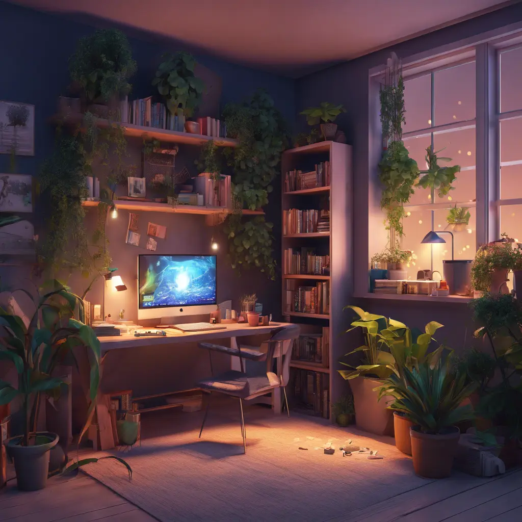 Nostalgic bedroom with a gaming pc, windows, plants bookshelves, desk, 3d art, muted colors, perfect lighting, night time, Highly Detailed, Behance, Isometric, 3D Rendering, Concept Art