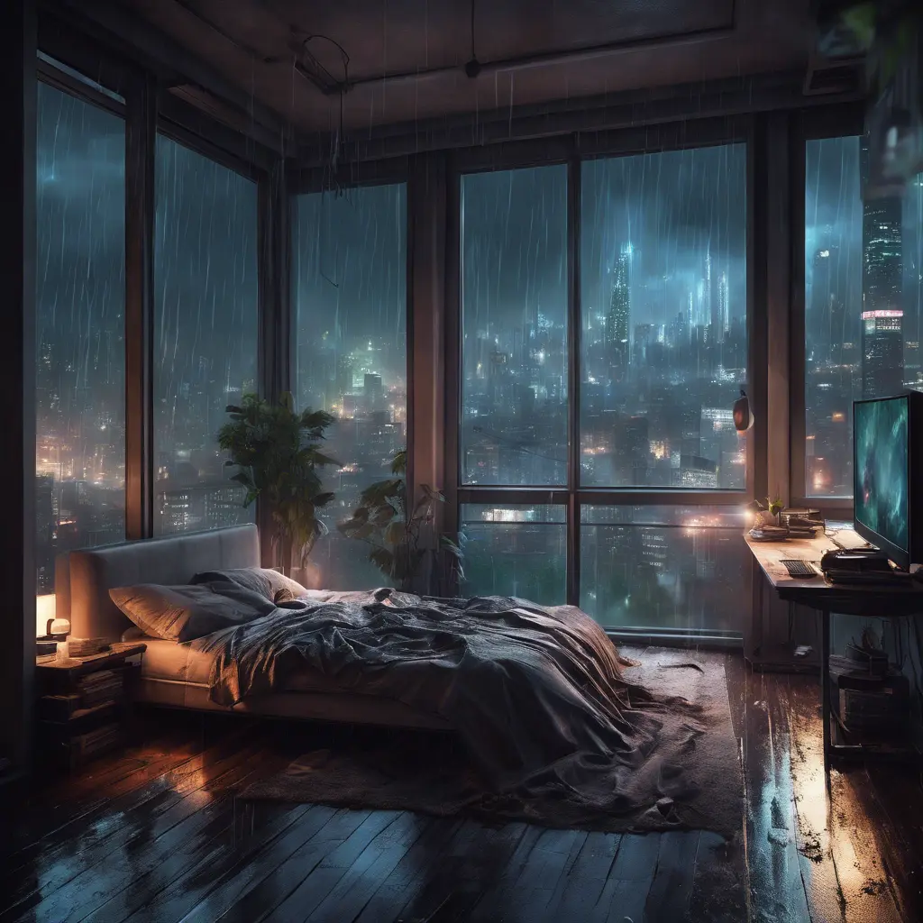 Beautiful cozy bedroom with floor to ceiling glass windows overlooking a cyberpunk city at night, thunderstorm outside with torrential rain, High Resolution, Highly Detailed, Darkwave, Gloomy by Stefan Kostic