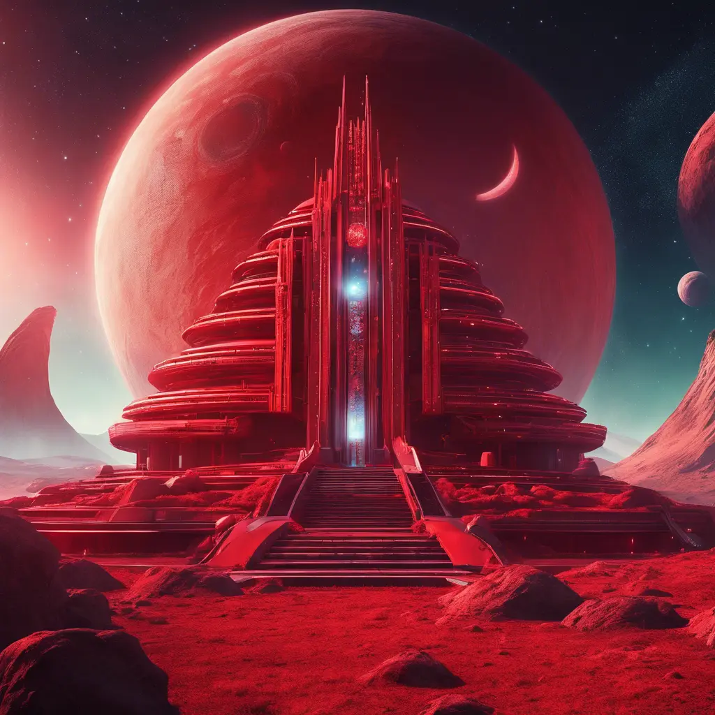 Cosmic round beautiful red temple in the center of a futuristic community. Extraterrestrial landscape. Planet sirius. The moon and stars can be seen in the sky even during the day., Sci-Fi, Volumetric Lighting, Vibrant Colors by Stefan Kostic