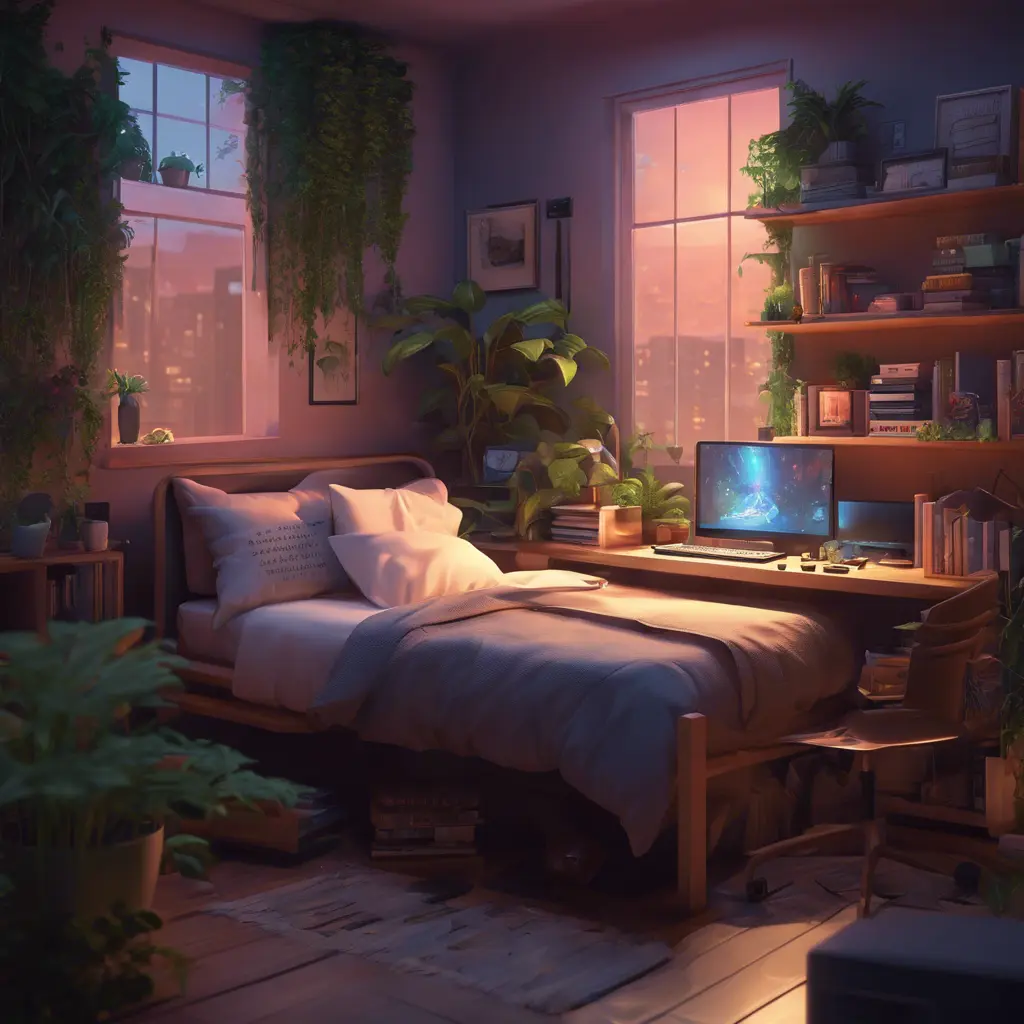 Nostalgic bedroom with a gaming pc, windows, plants bookshelves, desk, 3d art, muted colors, perfect lighting, night time, Highly Detailed, Behance, Isometric, 3D Rendering, Concept Art by Stanley Artgerm Lau