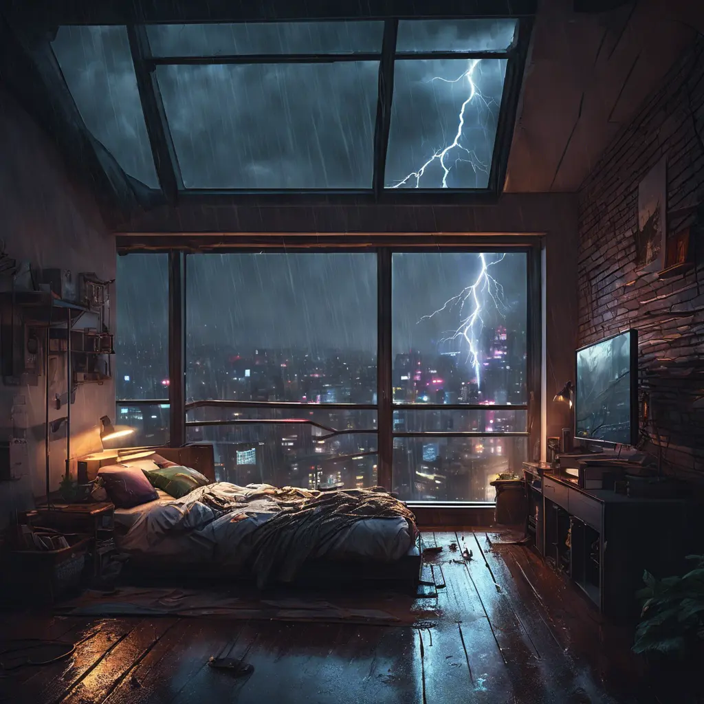 Beautiful cozy bedroom with floor to ceiling glass windows overlooking a cyberpunk city at night, thunderstorm outside with torrential rain, High Resolution, Highly Detailed, Darkwave, Gloomy by Stefan Kostic