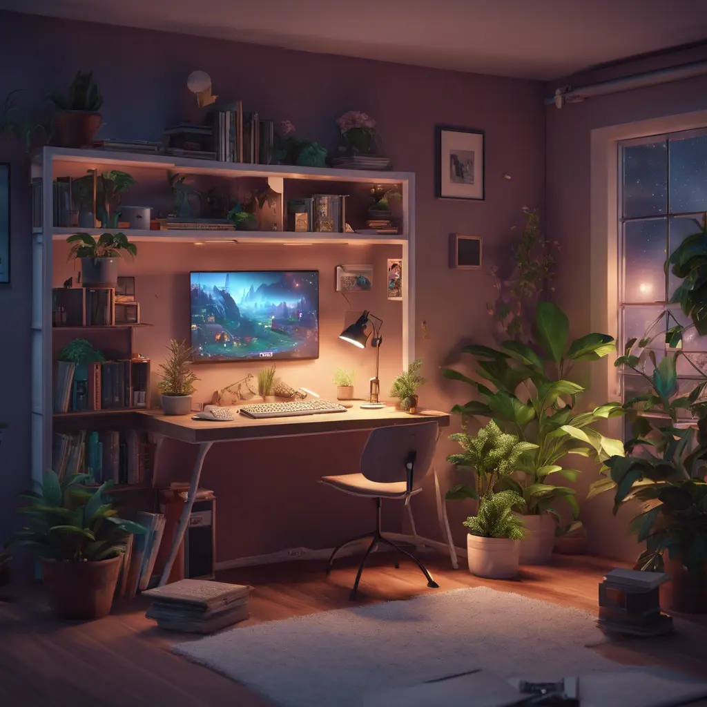 Nostalgic bedroom with a gaming pc, windows, plants bookshelves, desk, 3d art, muted colors, perfect lighting, night time, Highly Detailed, Behance, Isometric, 3D Rendering, Concept Art by Stefan Kostic