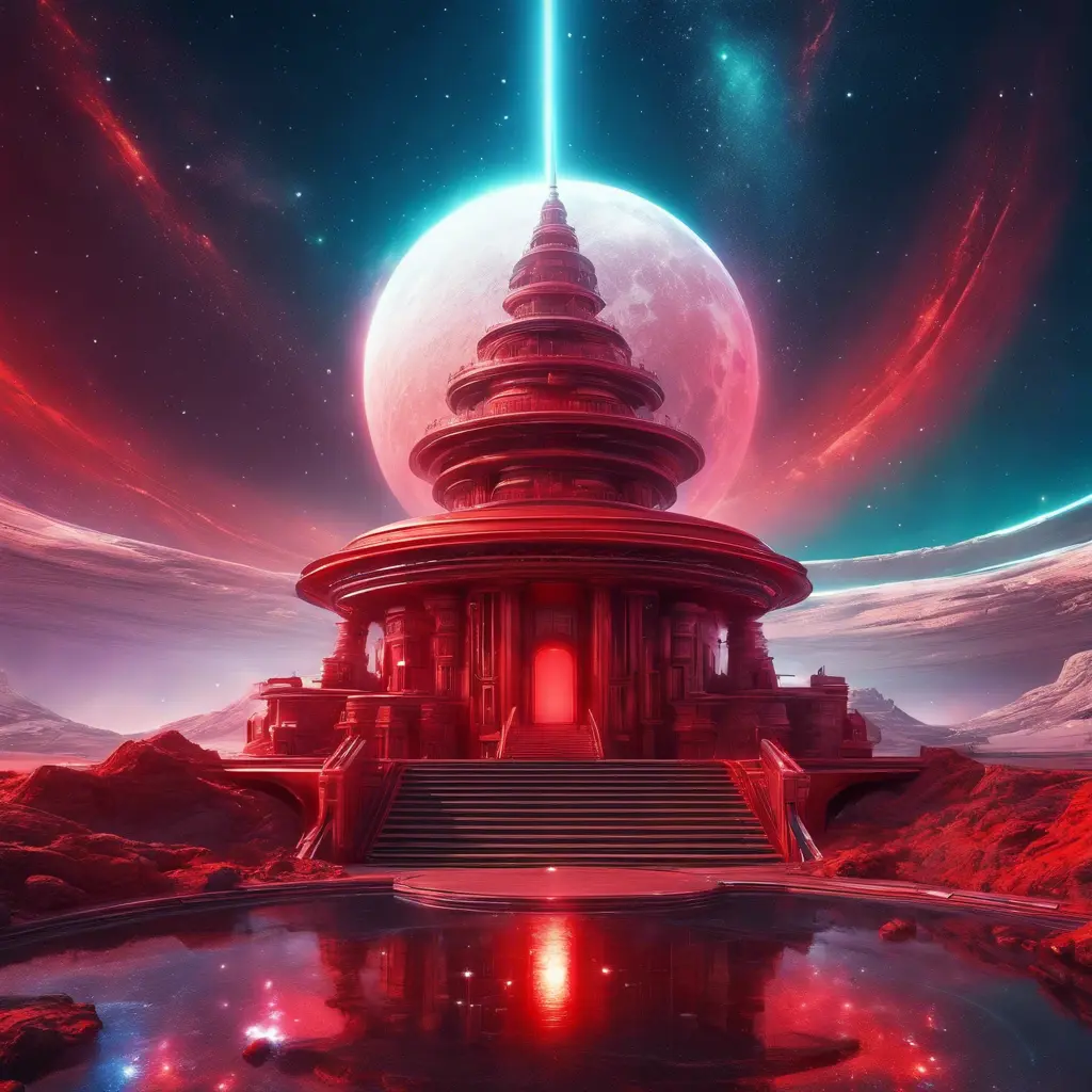 Cosmic round beautiful red temple in the center of a futuristic community. Extraterrestrial landscape. Planet sirius. The moon and stars can be seen in the sky even during the day., Sci-Fi, Volumetric Lighting, Vibrant Colors by Stefan Kostic