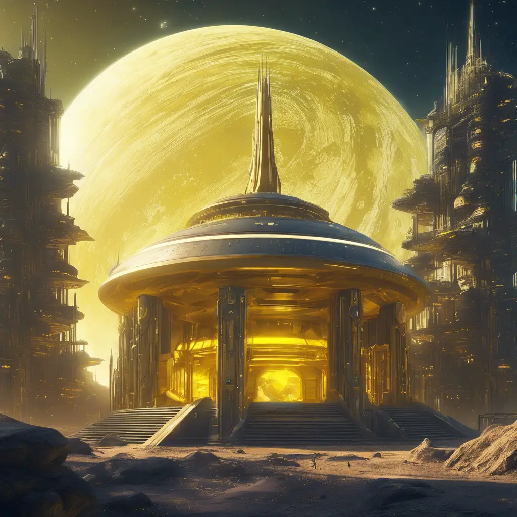 Cosmic round beautiful yellow temple in the center of a futuristic community. Extraterrestrial landscape. Planet sirius. The moon and stars can be seen in the sky even during the day., Sci-Fi, Volumetric Lighting, Vibrant Colors by WLOP