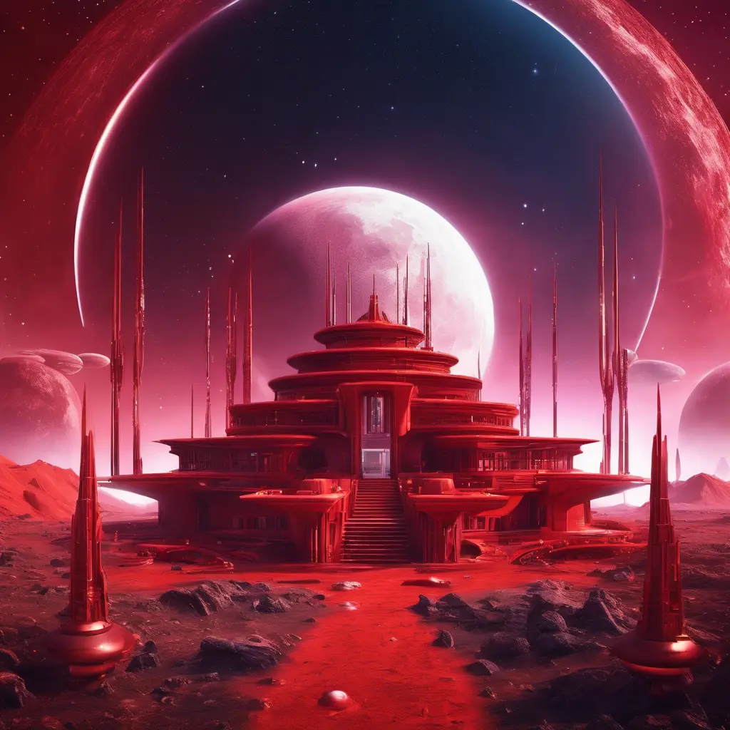 Cosmic round beautiful red temple in the center of a futuristic community. Extraterrestrial landscape. Planet sirius. The moon and stars can be seen in the sky even during the day., Sci-Fi, Volumetric Lighting, Vibrant Colors by Stefan Kostic