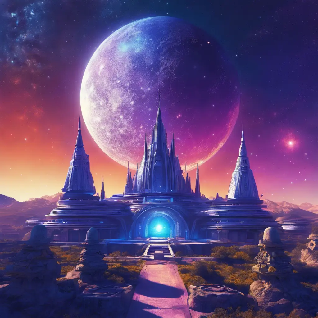 Cosmic round beautiful indigo temple in the center of a futuristic community. Extraterrestrial landscape. Planet sirius. The moon and stars can be seen in the sky even during the day., Sci-Fi, Volumetric Lighting, Vibrant Colors by Greg Rutkowski