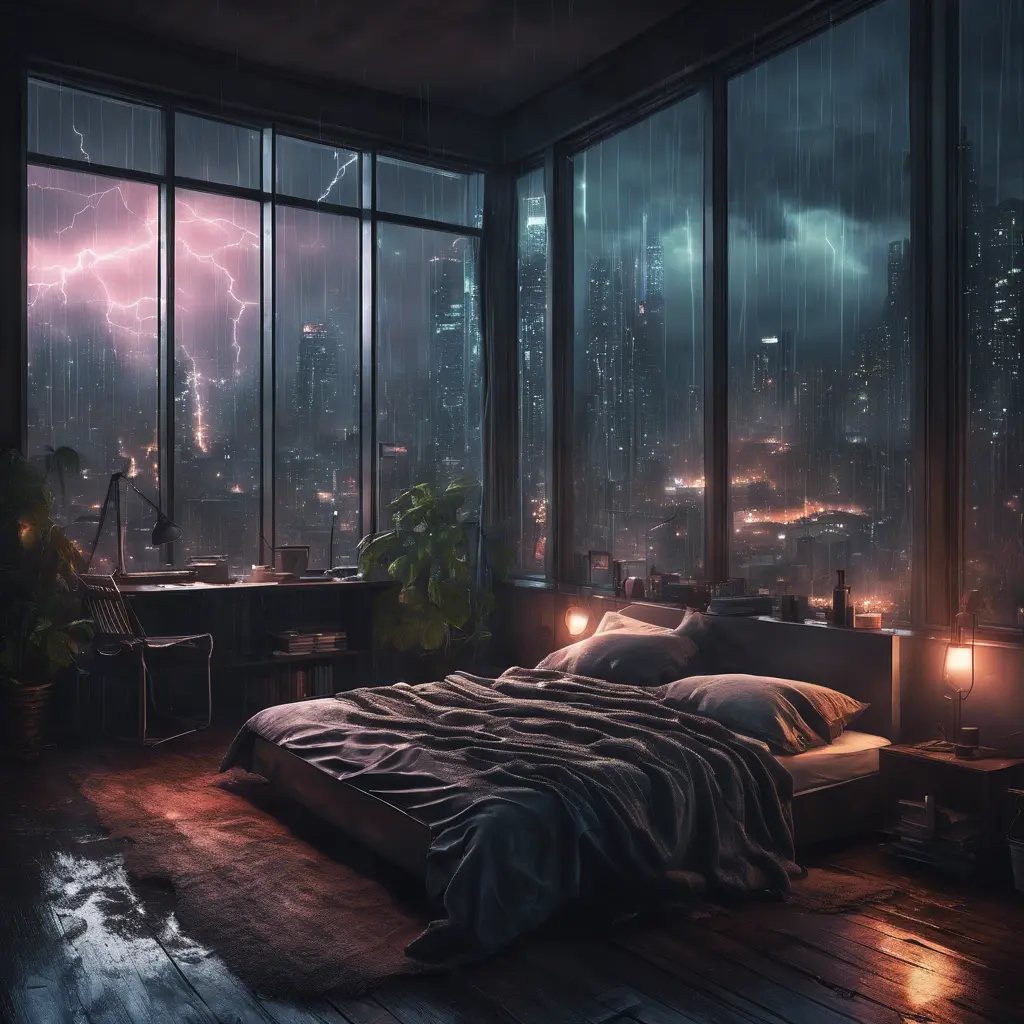 Beautiful cozy bedroom with floor to ceiling glass windows overlooking a cyberpunk city at night, thunderstorm outside with torrential rain, High Resolution, Highly Detailed, Darkwave, Gloomy by Stefan Kostic