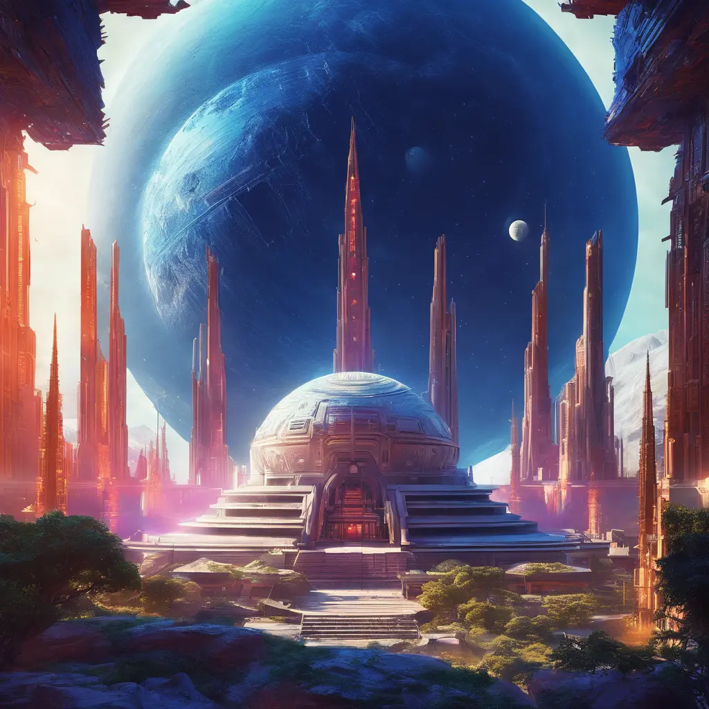 Cosmic round beautiful indigo temple in the center of a futuristic community. Extraterrestrial landscape. Planet sirius. The moon and stars can be seen in the sky even during the day., Sci-Fi, Volumetric Lighting, Vibrant Colors by Greg Rutkowski