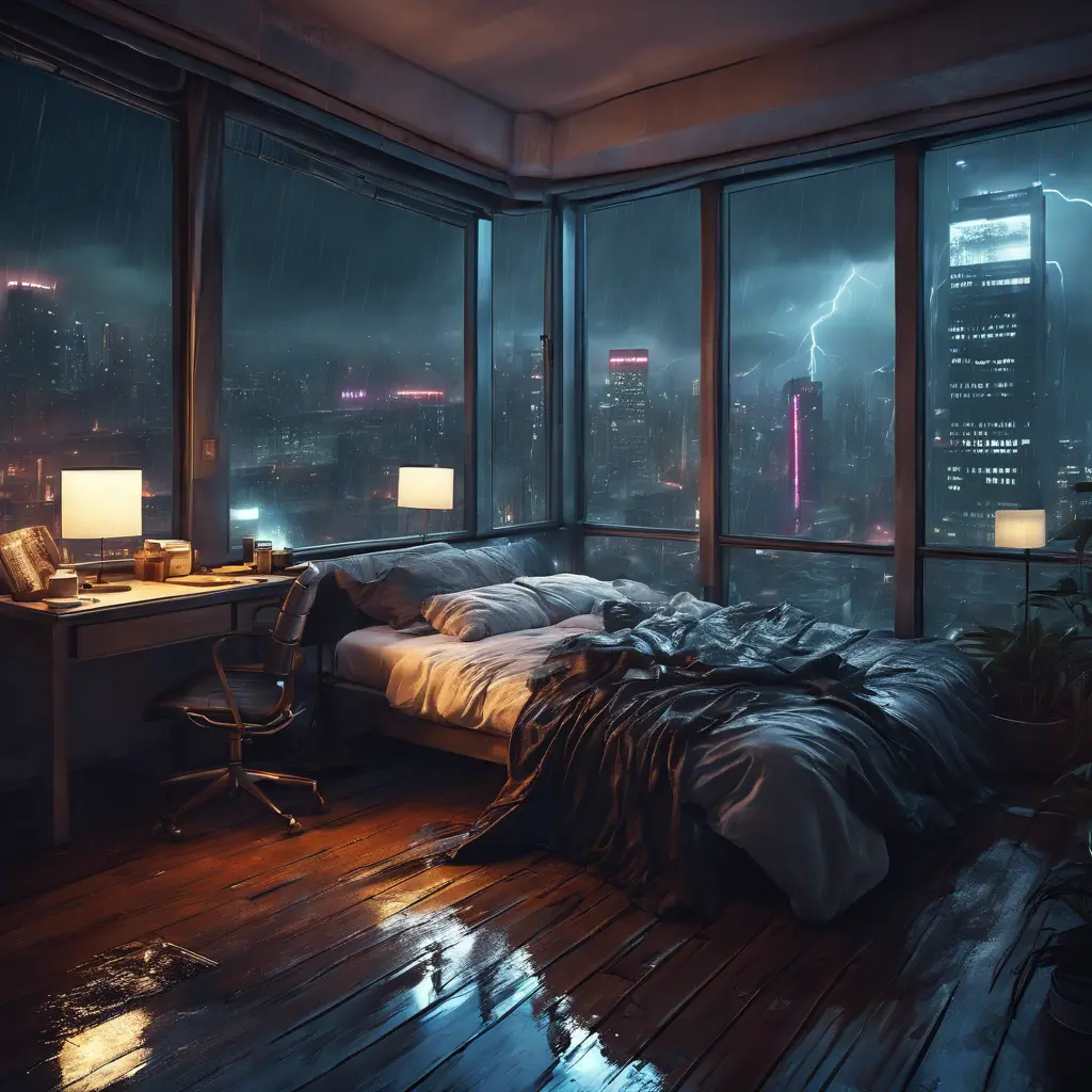 Beautiful cozy bedroom with floor to ceiling glass windows overlooking a cyberpunk city at night, thunderstorm outside with torrential rain, High Resolution, Highly Detailed, Darkwave, Gloomy by Stefan Kostic