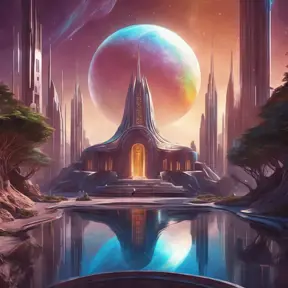 Cosmic round beautiful temple in the center of a futuristic community. Extraterrestrial landscape. Planet sirius. The moon and stars can be seen in the sky even during the day., Sci-Fi, Volumetric Lighting, Vibrant Colors by Stanley Artgerm Lau