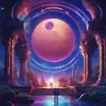 Cosmic round beautiful indigo temple in the center of a futuristic community. Extraterrestrial landscape. Planet sirius. The moon and stars can be seen in the sky even during the day., Sci-Fi, Volumetric Lighting, Vibrant Colors by Greg Rutkowski