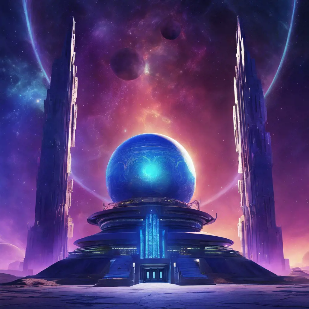 Cosmic round beautiful indigo temple in the center of a futuristic community. Extraterrestrial landscape. Planet sirius. The moon and stars can be seen in the sky even during the day., Sci-Fi, Volumetric Lighting, Vibrant Colors by Greg Rutkowski