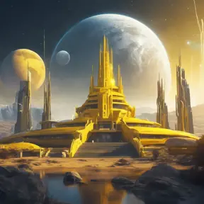 Cosmic round beautiful yellow temple in the center of a futuristic community. Extraterrestrial landscape. Planet sirius. The moon and stars can be seen in the sky even during the day., Sci-Fi, Volumetric Lighting, Vibrant Colors by WLOP