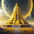 Cosmic round beautiful yellow temple in the center of a futuristic community. Extraterrestrial landscape. Planet sirius. The moon and stars can be seen in the sky even during the day., Sci-Fi, Volumetric Lighting, Vibrant Colors by WLOP