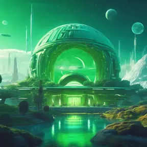 Cosmic round beautiful green temple in the center of a futuristic community. Extraterrestrial landscape. Planet sirius. The moon and stars can be seen in the sky even during the day., Sci-Fi, Volumetric Lighting, Vibrant Colors by Beeple