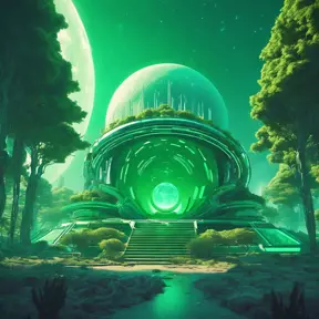 Cosmic round beautiful green temple in the center of a futuristic community. Extraterrestrial landscape. Planet sirius. The moon and stars can be seen in the sky even during the day., Sci-Fi, Volumetric Lighting, Vibrant Colors by Beeple