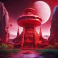 Cosmic round beautiful red temple in the center of a futuristic community. Extraterrestrial landscape. Planet sirius. The moon and stars can be seen in the sky even during the day., Sci-Fi, Volumetric Lighting, Vibrant Colors by Stefan Kostic