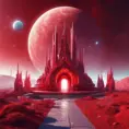 Cosmic round beautiful red temple in the center of a futuristic community. Extraterrestrial landscape. Planet sirius. The moon and stars can be seen in the sky even during the day., Sci-Fi, Volumetric Lighting, Vibrant Colors by Stefan Kostic