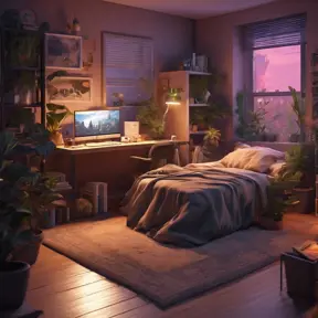 Nostalgic bedroom with a gaming pc, windows, plants bookshelves, desk, 3d art, muted colors, perfect lighting, night time, Highly Detailed, Behance, Isometric, 3D Rendering, Concept Art