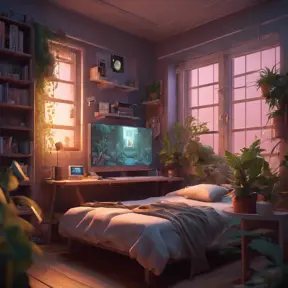 Nostalgic bedroom with a gaming pc, windows, plants bookshelves, desk, 3d art, muted colors, perfect lighting, night time, Highly Detailed, Behance, Isometric, 3D Rendering, Concept Art by Stanley Artgerm Lau